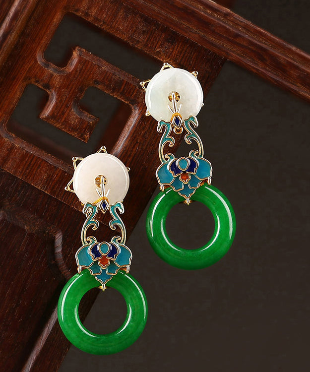 Modern Green Copper Cloisonne Jadeite Dry Green Floral Drop  Earrings LY2275