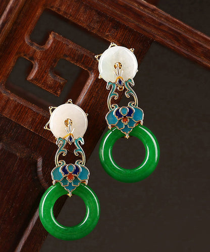 Modern Green Copper Cloisonne Jadeite Dry Green Floral Drop  Earrings LY2275 - fabuloryshop