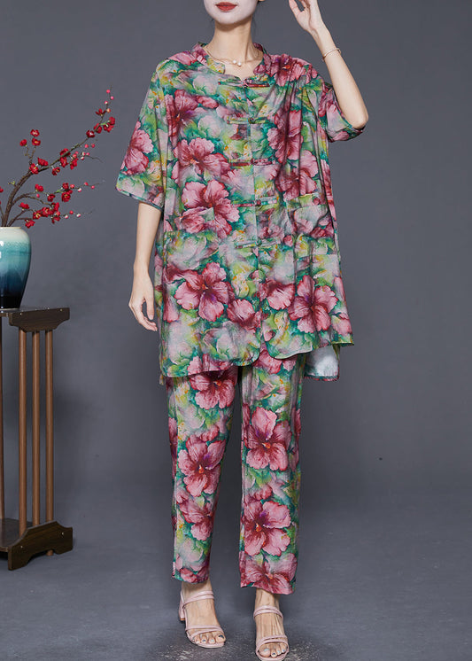 Ensemble deux pièces en lin à imprimé floral vert moderne avec boutons chinois pour l'été LY8025