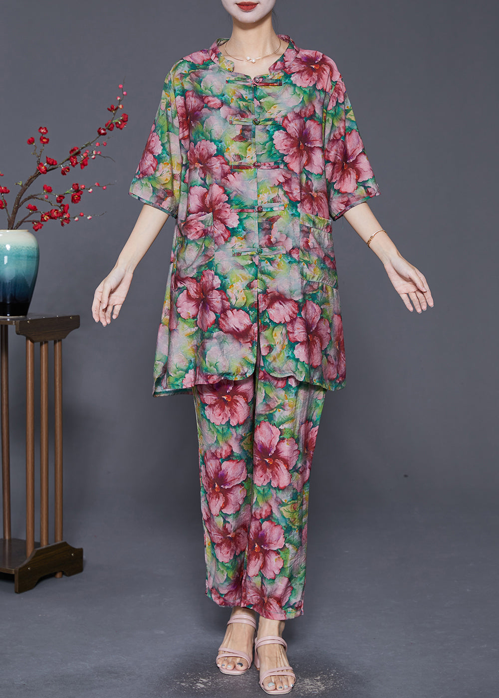 Ensemble deux pièces en lin à imprimé floral vert moderne avec boutons chinois pour l'été LY8025