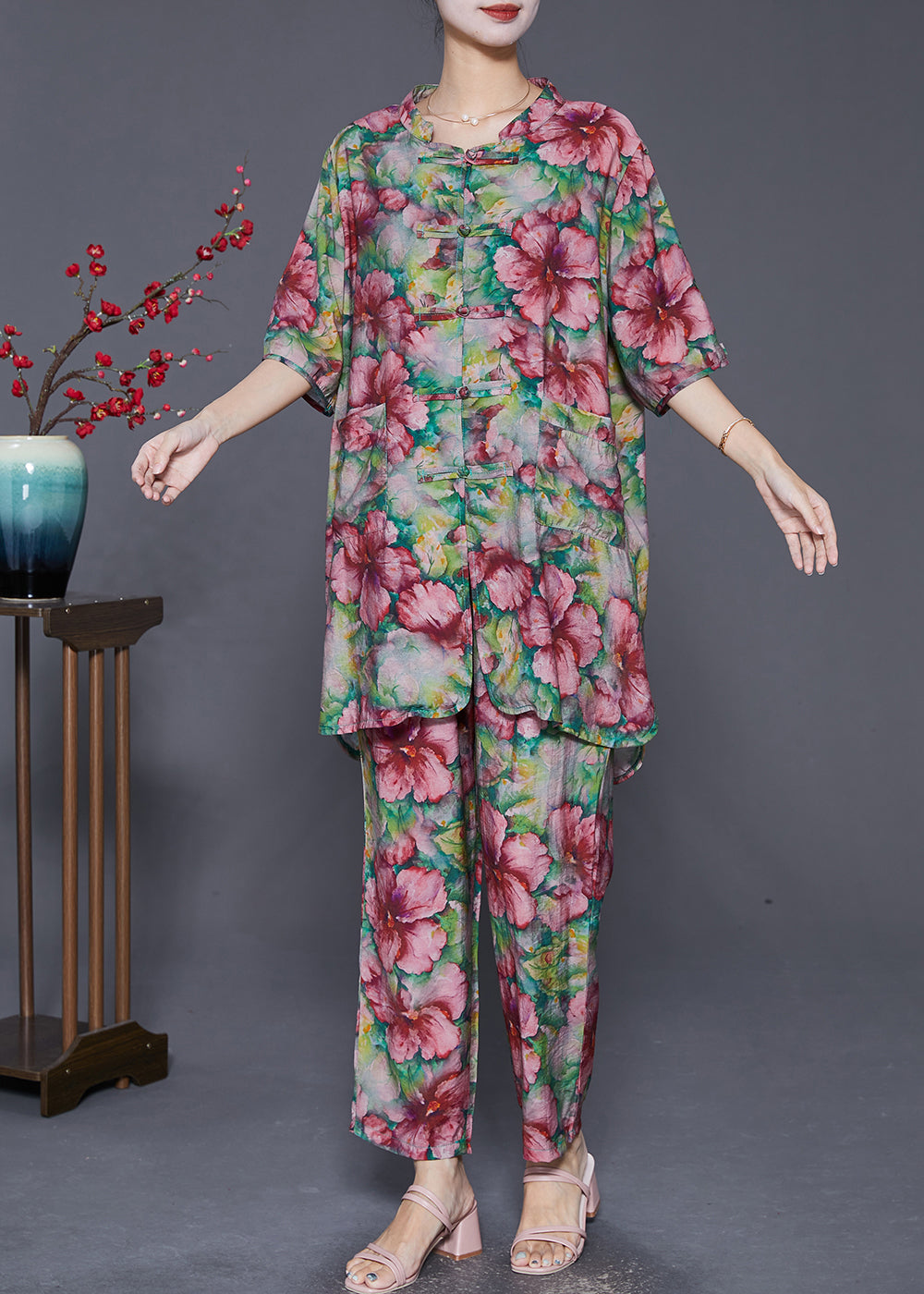 Ensemble deux pièces en lin à imprimé floral vert moderne avec boutons chinois pour l'été LY8025