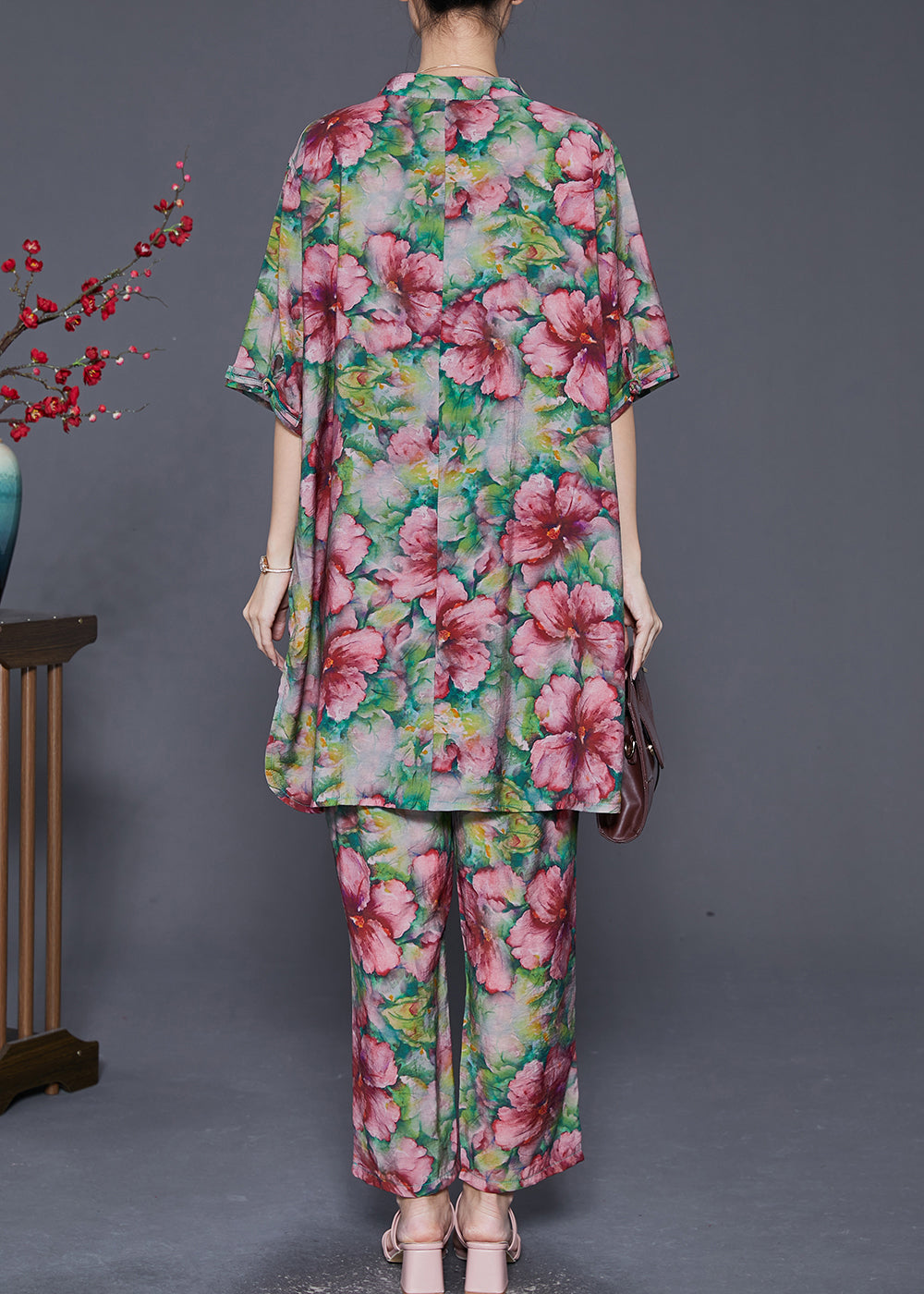 Ensemble deux pièces en lin à imprimé floral vert moderne avec boutons chinois pour l'été LY8025