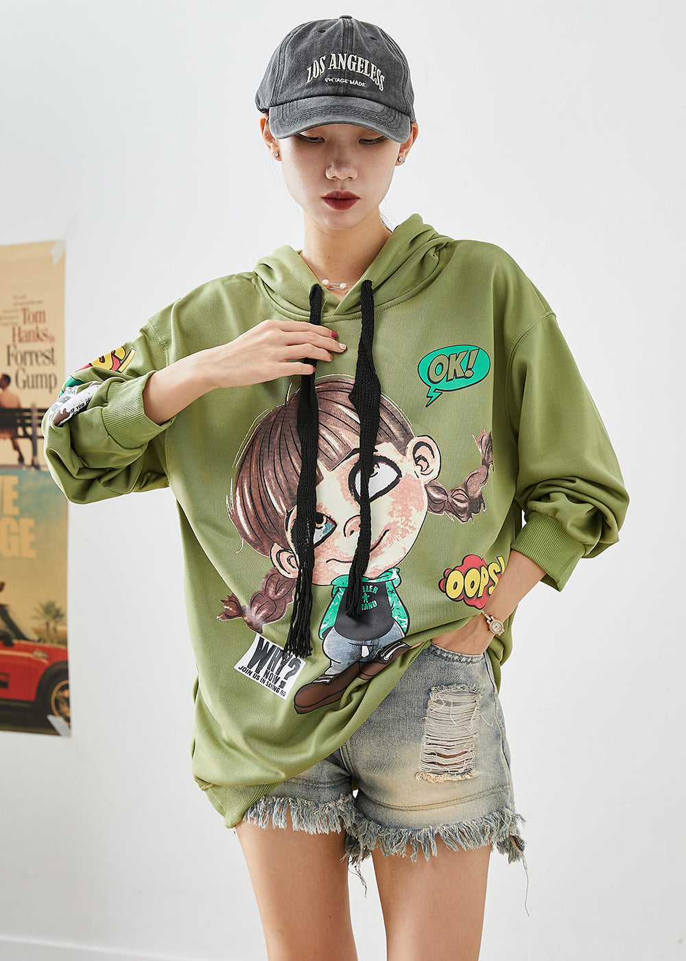 Modern Green Hooded Cartoon Print Cotton Sweatshirts Top Fall Ada Fashion