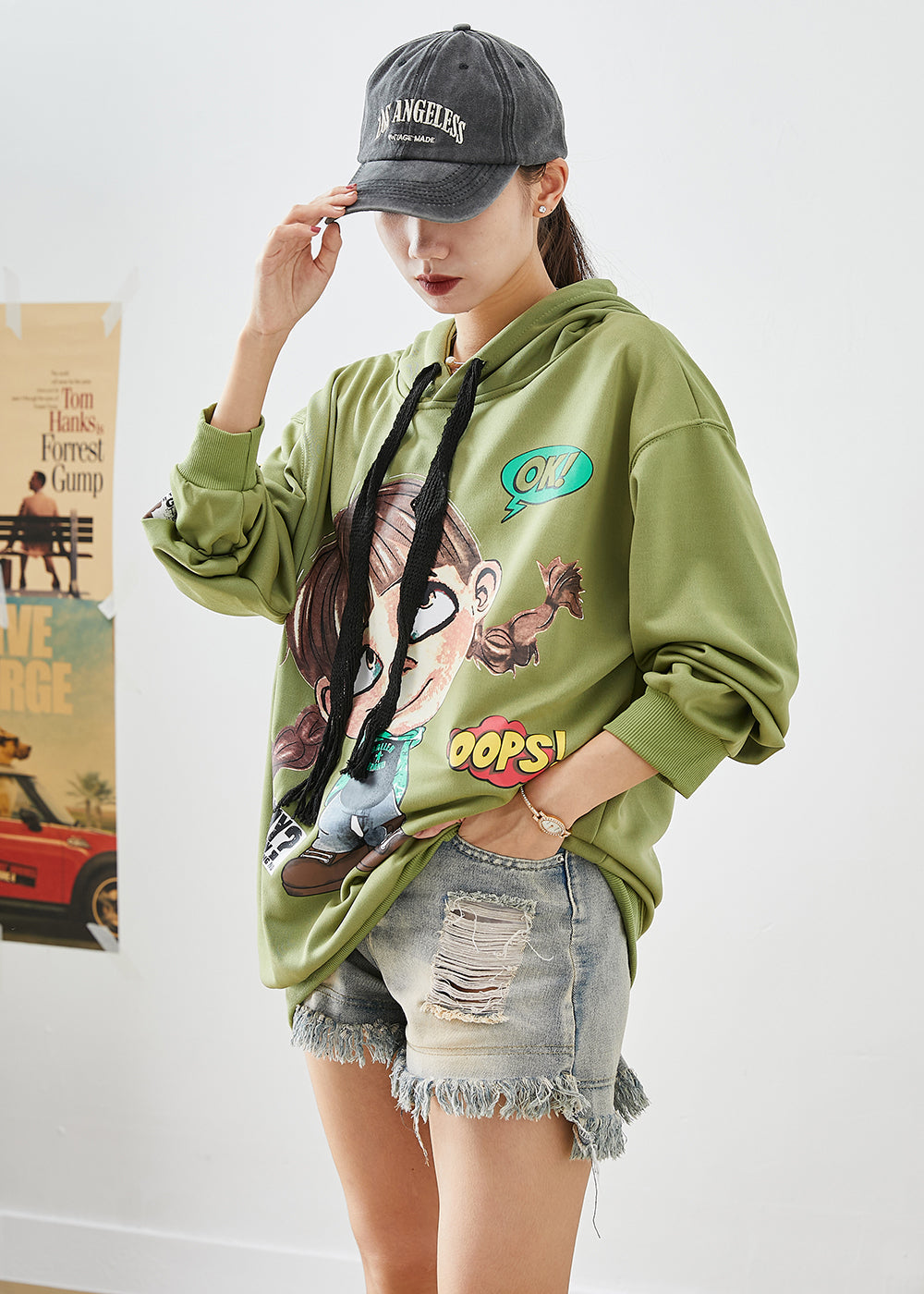 Modern Green Hooded Cartoon Print Cotton Sweatshirts Top Fall Ada Fashion