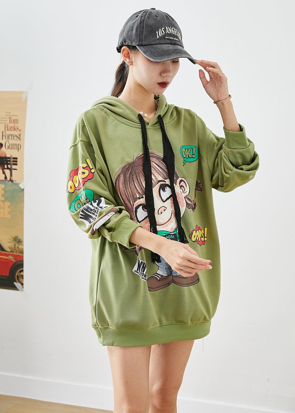 Modern Green Hooded Cartoon Print Cotton Sweatshirts Top Fall Ada Fashion