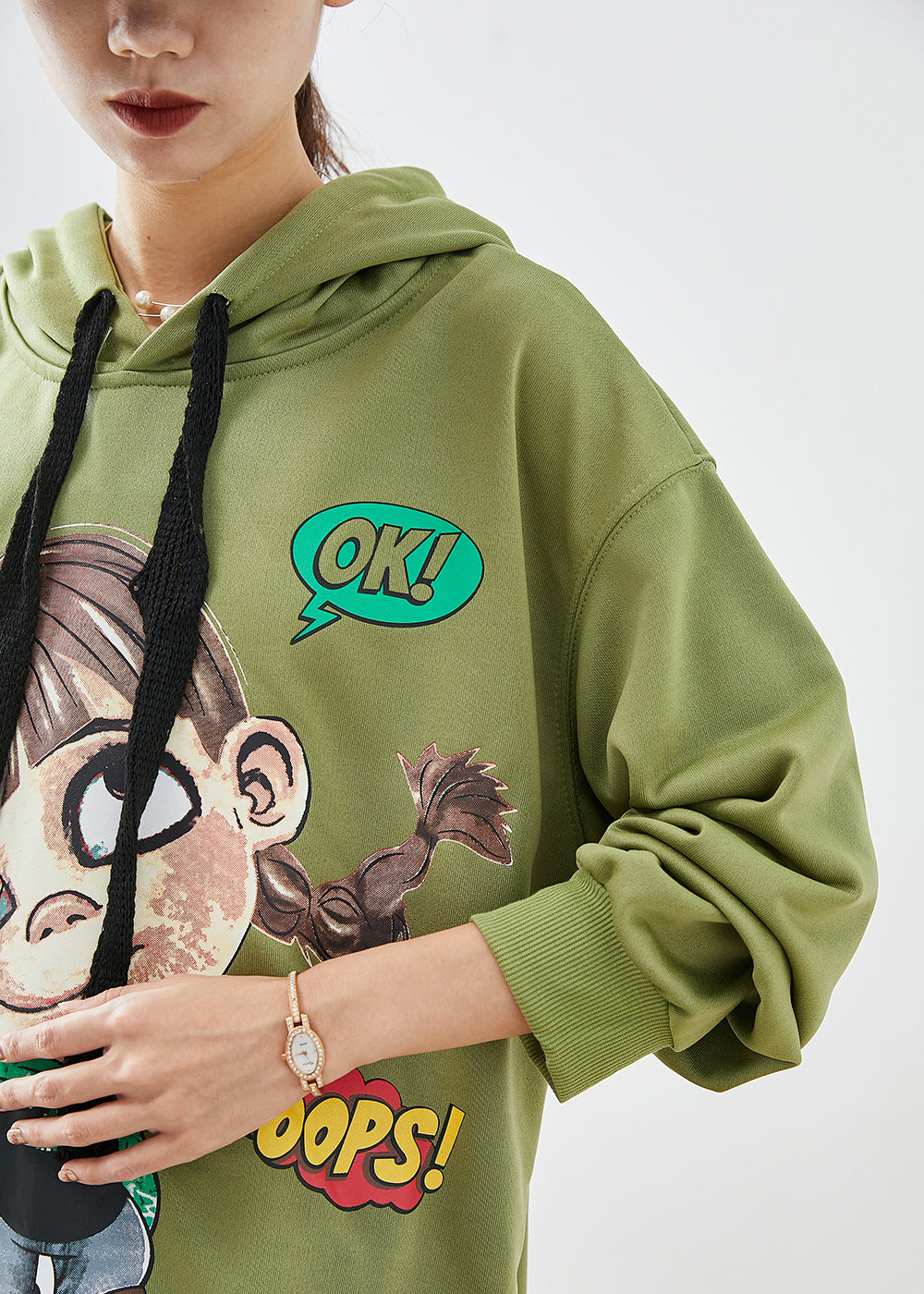 Modern Green Hooded Cartoon Print Cotton Sweatshirts Top Fall Ada Fashion