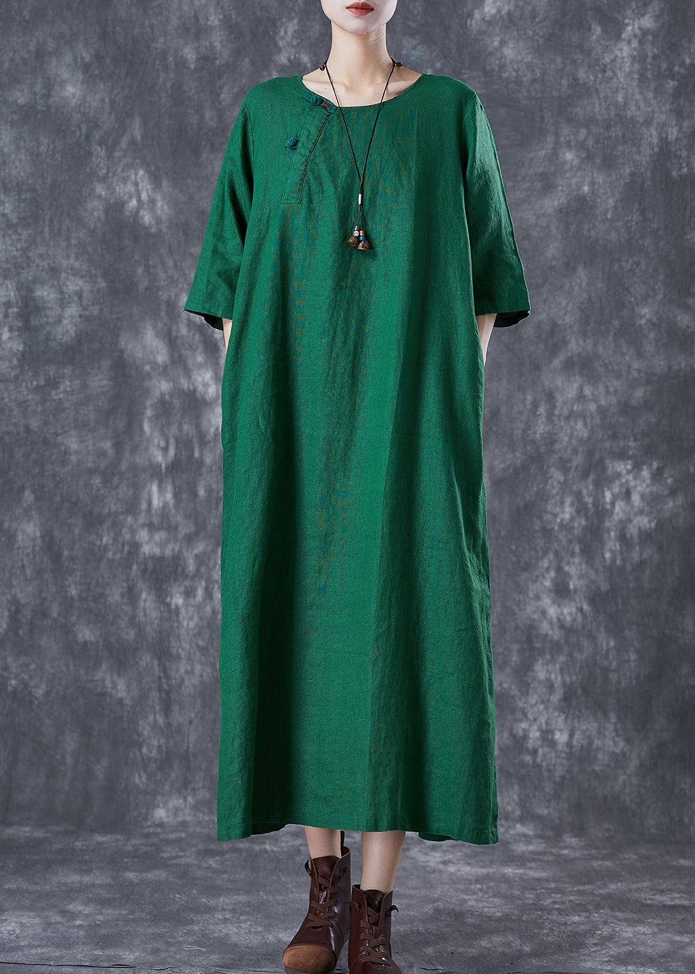 Modern Green O-Neck Chinese Button Linen A Line Dress Summer TD1033 - fabuloryshop