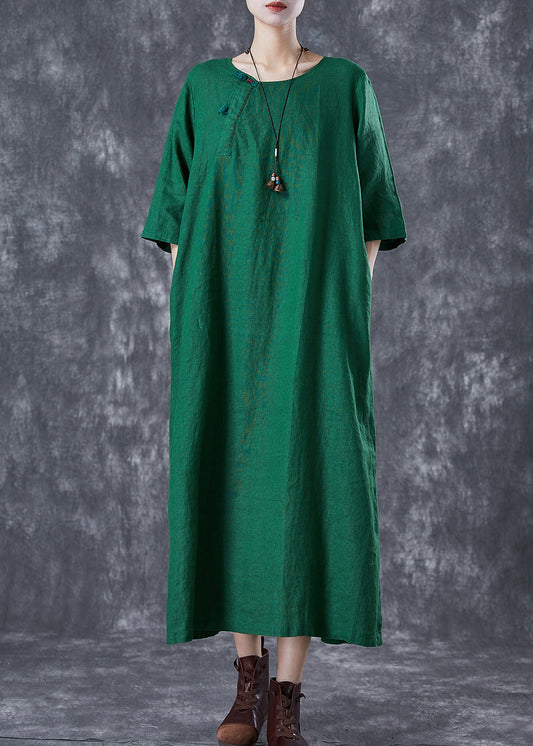 Modern Green O-Neck Chinese Button Linen A Line Dress Summer TD1033 - fabuloryshop