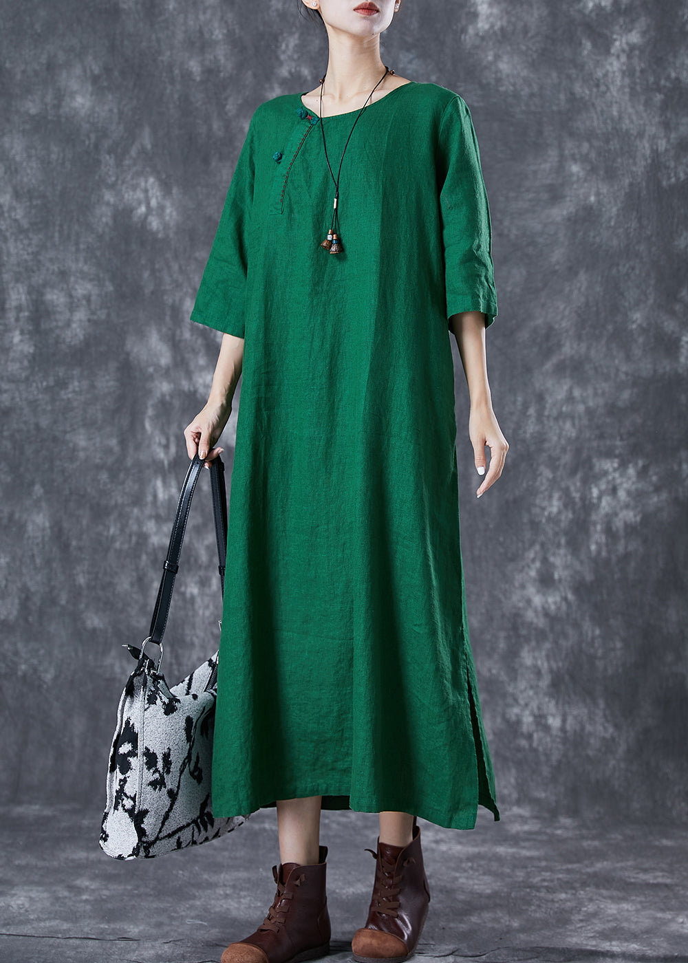 Modern Green O-Neck Chinese Button Linen A Line Dress Summer TD1033 - fabuloryshop