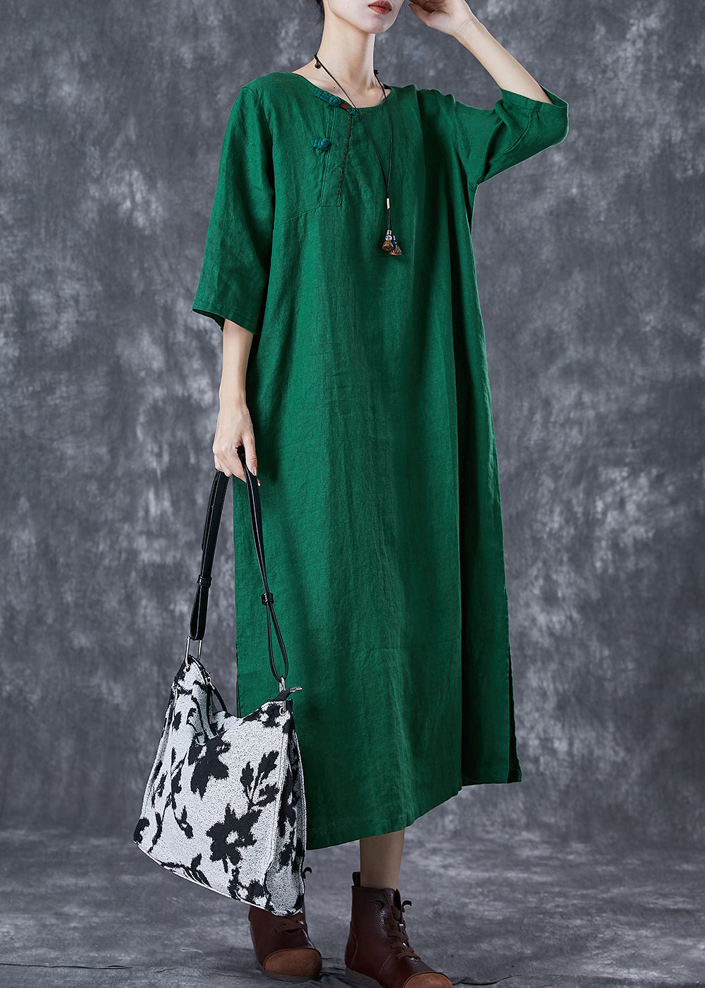 Modern Green O-Neck Chinese Button Linen A Line Dress Summer TD1033 - fabuloryshop