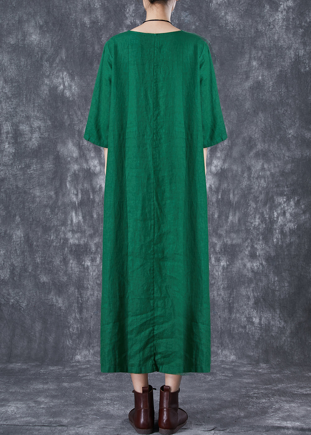 Modern Green O-Neck Chinese Button Linen A Line Dress Summer TD1033 - fabuloryshop