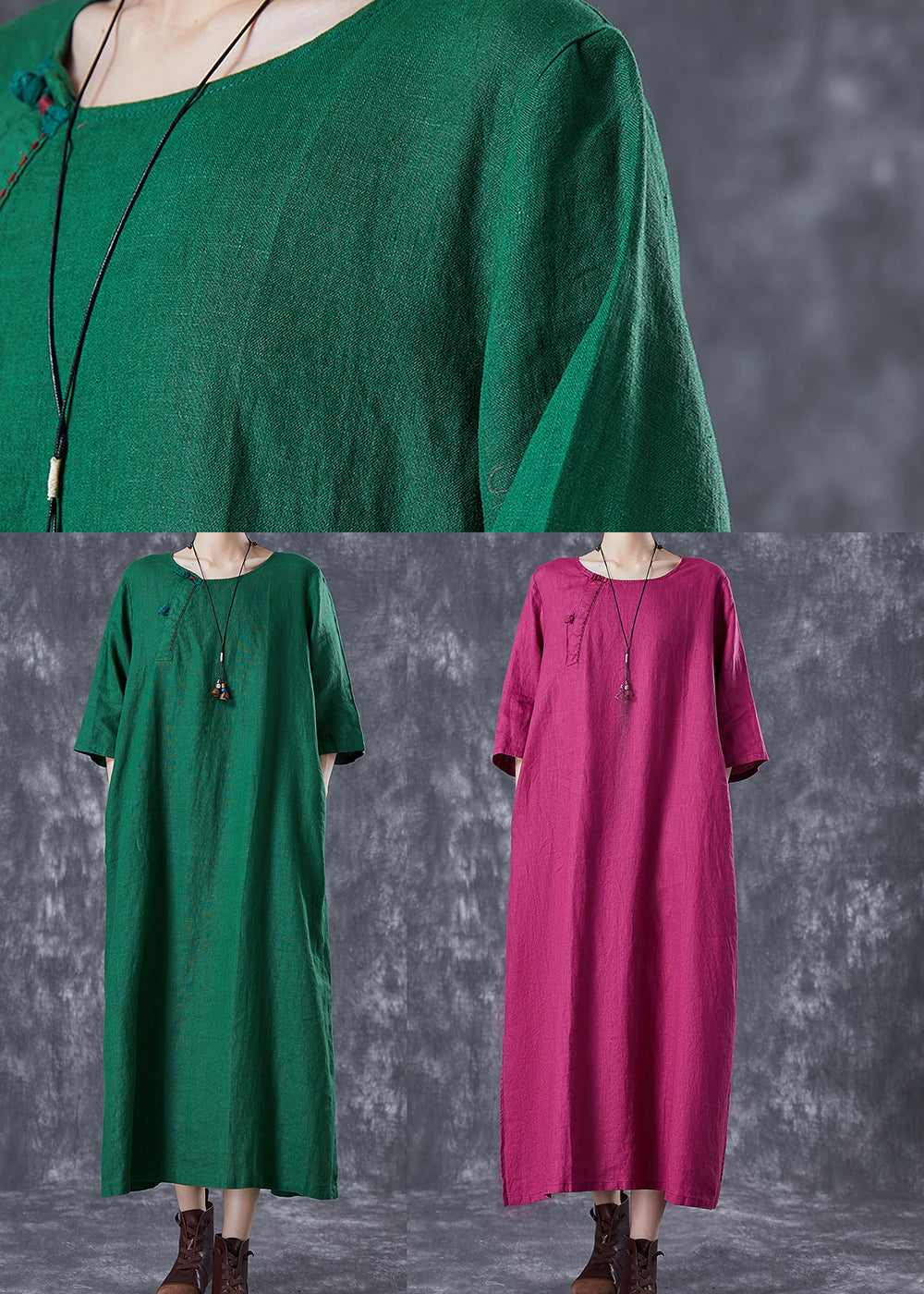 Modern Green O-Neck Chinese Button Linen A Line Dress Summer TD1033 - fabuloryshop