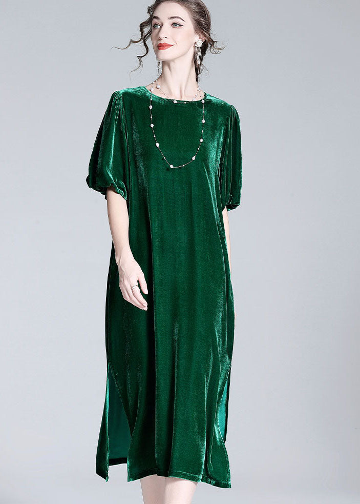 Modern Green O Neck Patchwork Side Open Silk Velour Dresses Summer LY0034 - fabuloryshop