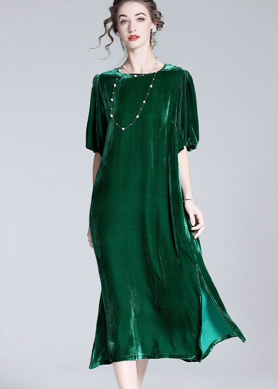 Modern Green O Neck Patchwork Side Open Silk Velour Dresses Summer LY0034 - fabuloryshop