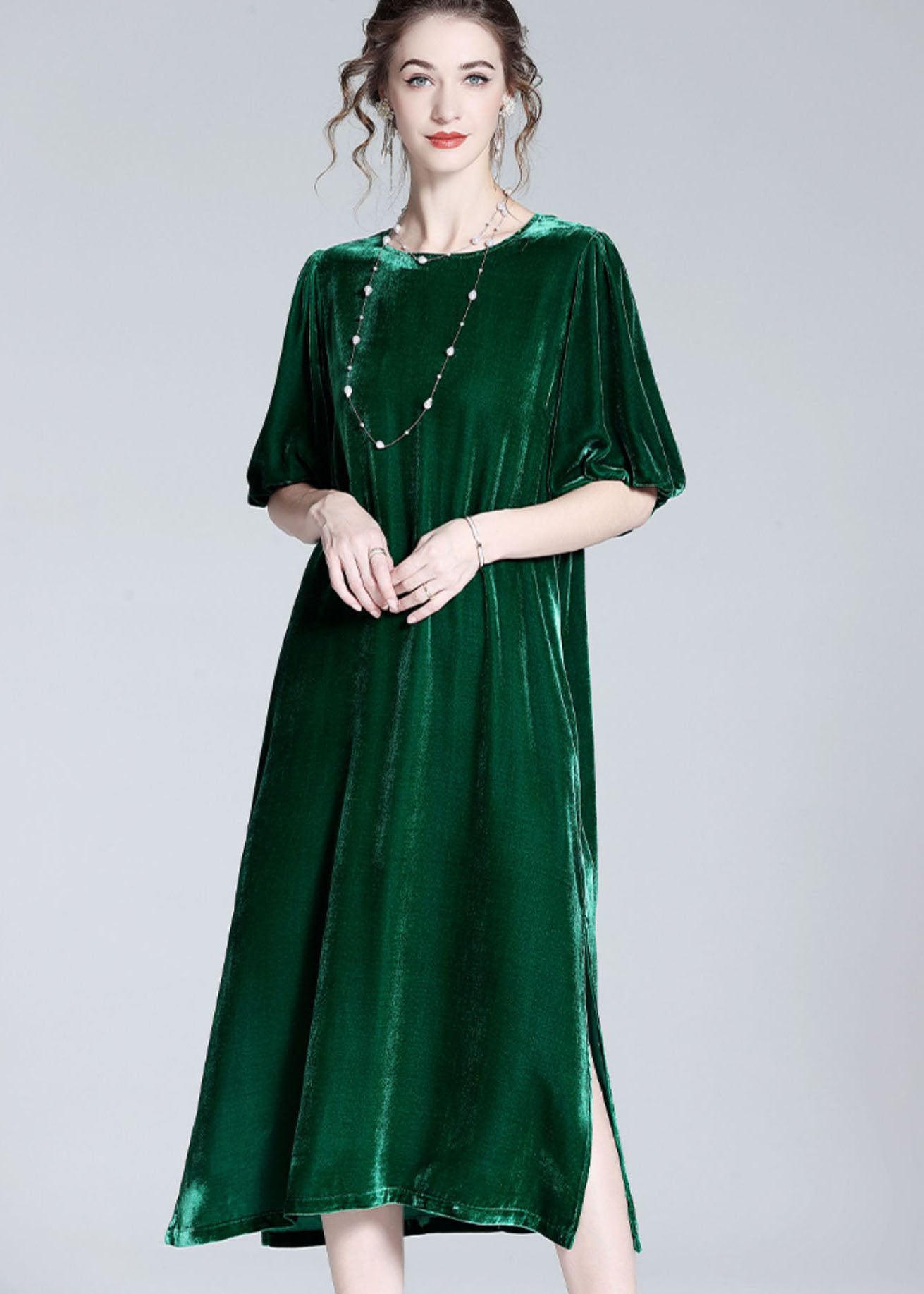 Modern Green O Neck Patchwork Side Open Silk Velour Dresses Summer LY0034 - fabuloryshop