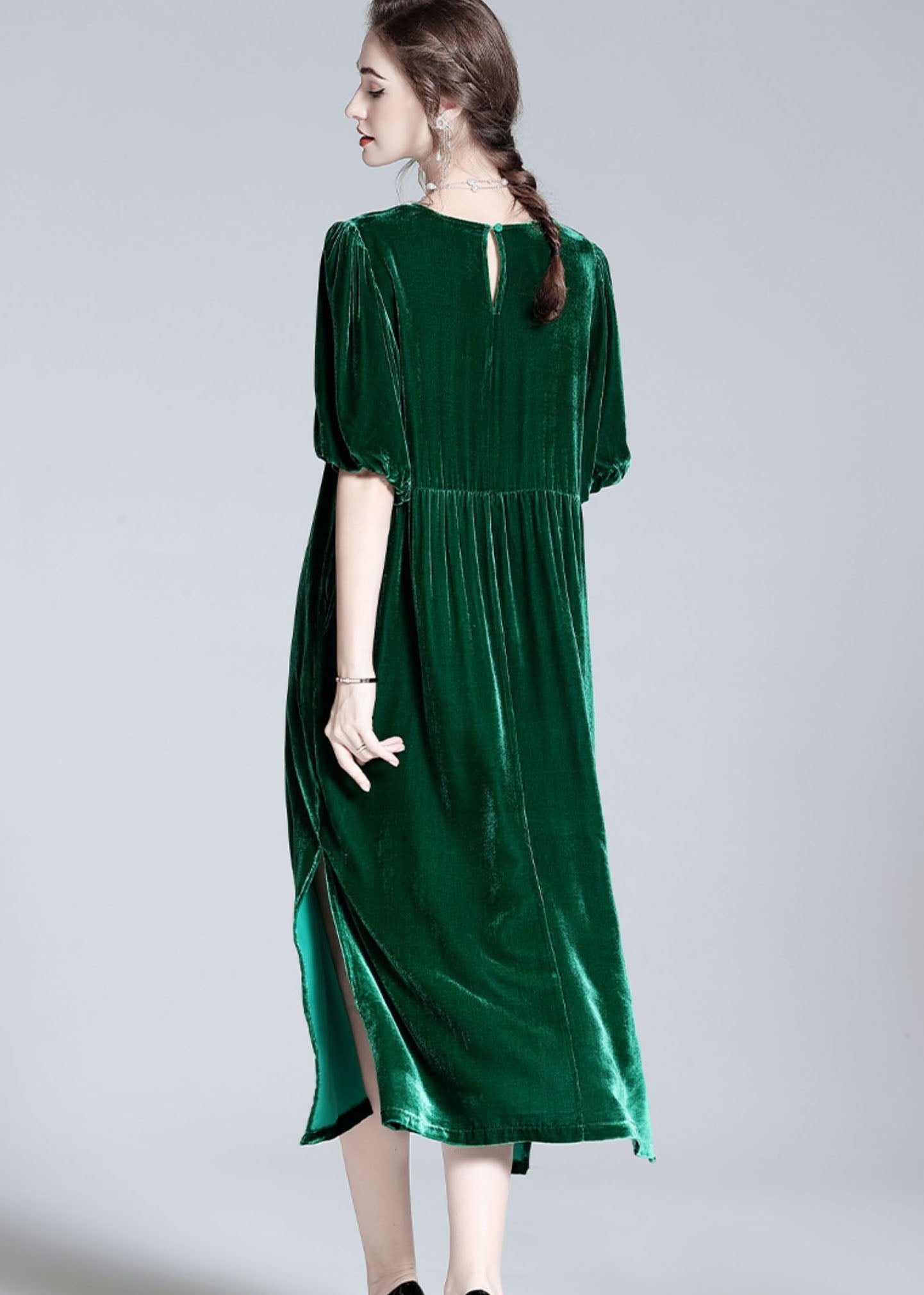 Modern Green O Neck Patchwork Side Open Silk Velour Dresses Summer LY0034 - fabuloryshop