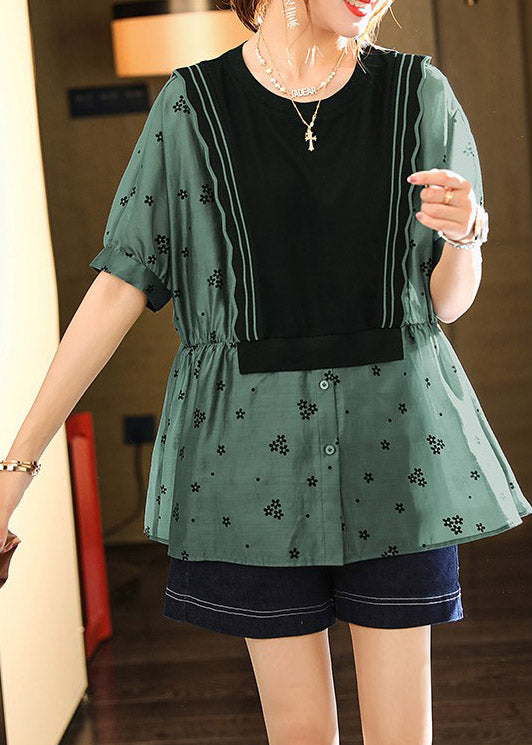 Modern Green O-Neck Print Patchwork Wrinkled Button Shirts Short Sleeve LY1495 - fabuloryshop