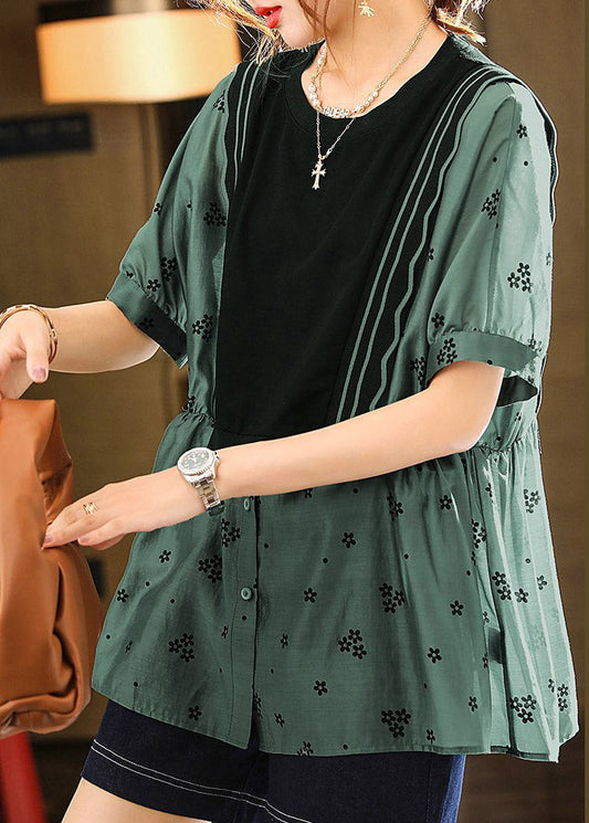 Modern Green O-Neck Print Patchwork Wrinkled Button Shirts Short Sleeve LY1495 - fabuloryshop