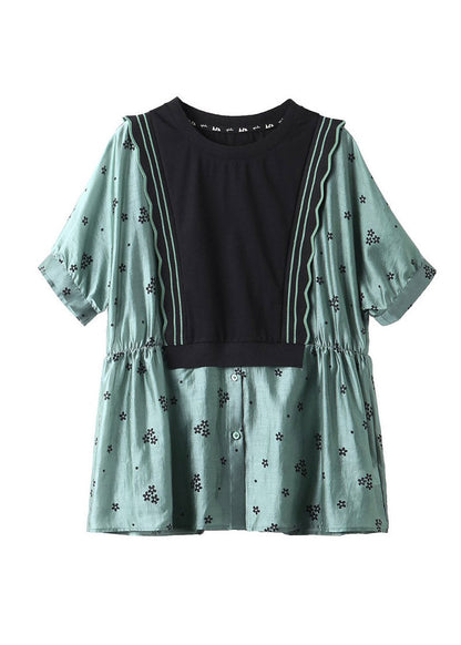 Modern Green O-Neck Print Patchwork Wrinkled Button Shirts Short Sleeve LY1495 - fabuloryshop