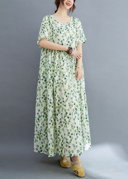 Modern Green O-Neck Print Wrinkled Holiday Maxi Dress Summer Ada Fashion