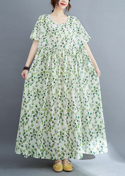 Modern Green O-Neck Print Wrinkled Holiday Maxi Dress Summer Ada Fashion