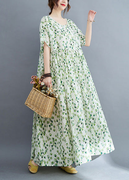 Modern Green O-Neck Print Wrinkled Holiday Maxi Dress Summer Ada Fashion