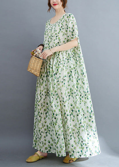 Modern Green O-Neck Print Wrinkled Holiday Maxi Dress Summer Ada Fashion