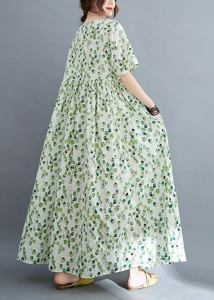 Modern Green O-Neck Print Wrinkled Holiday Maxi Dress Summer Ada Fashion