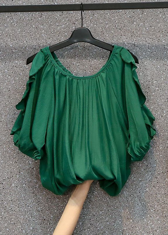 Modern Green O Neck Ruffled Patchwork Chiffon Top Summer LY0368 - fabuloryshop