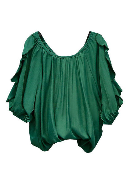 Modern Green O Neck Ruffled Patchwork Chiffon Top Summer LY0368 - fabuloryshop