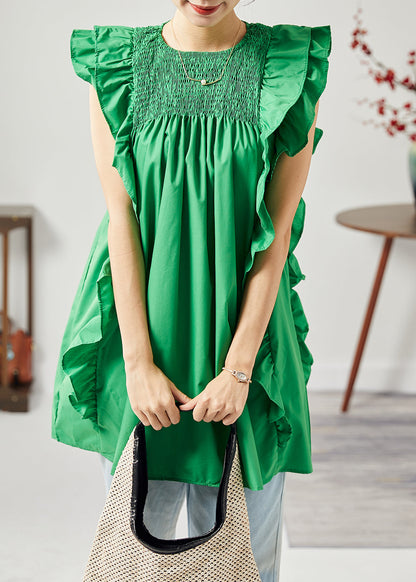 Modern Green O-Neck Wrinkled Patchwork Ruffles Cotton Tops Sleeveless LY1817 - fabuloryshop