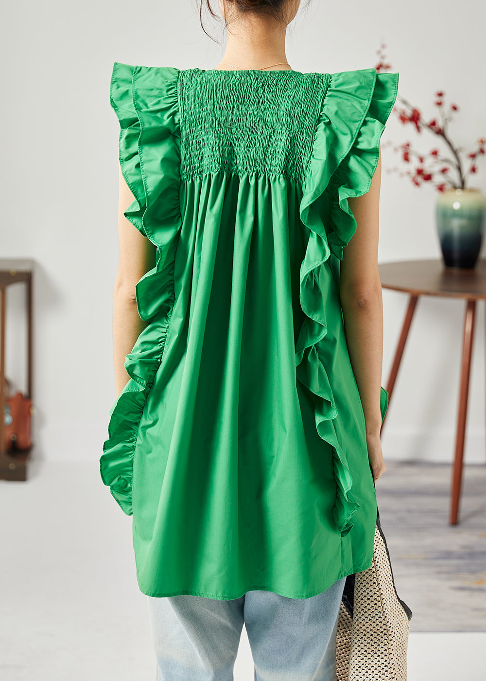 Modern Green O-Neck Wrinkled Patchwork Ruffles Cotton Tops Sleeveless LY1817 - fabuloryshop