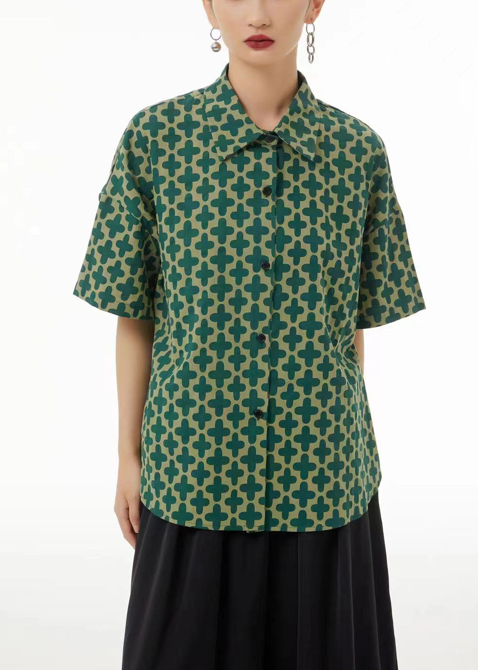 Modern Green Peter Pan Collar Print Cotton Shirt Summer TS1067 - fabuloryshop