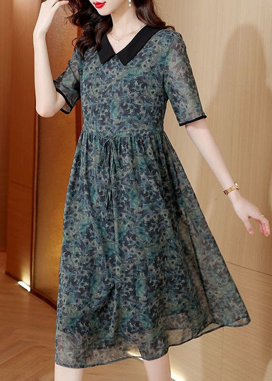 Modern Green Peter Pan Collar Print Drawstring Patchwork Silk Dresses Summer TI1002 - fabuloryshop