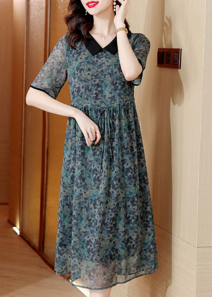 Modern Green Peter Pan Collar Print Drawstring Patchwork Silk Dresses Summer TI1002 - fabuloryshop