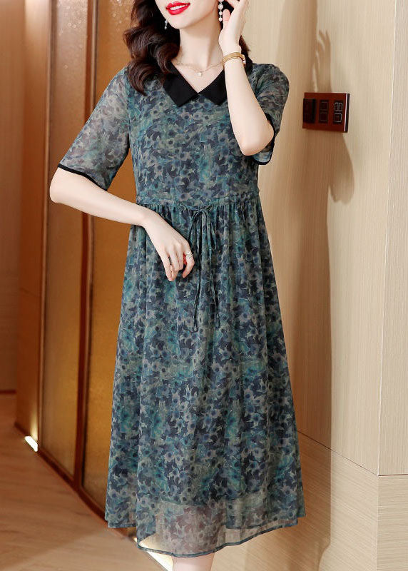 Modern Green Peter Pan Collar Print Drawstring Patchwork Silk Dresses Summer LY4493 - fabuloryshop