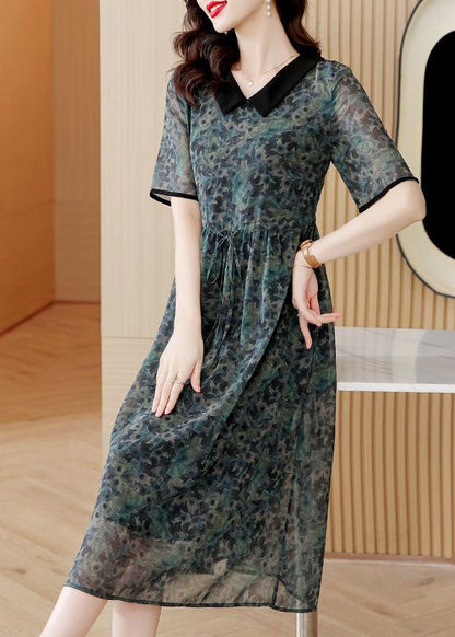 Modern Green Peter Pan Collar Print Drawstring Patchwork Silk Dresses Summer TI1002 - fabuloryshop