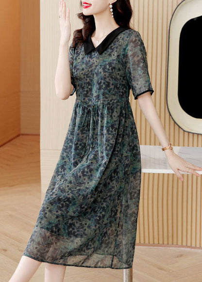 Modern Green Peter Pan Collar Print Drawstring Patchwork Silk Dresses Summer TI1002 - fabuloryshop