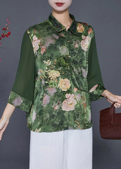 Modern Green Peter Pan Collar Print Silk Blouses Bracelet Sleeve Ada Fashion