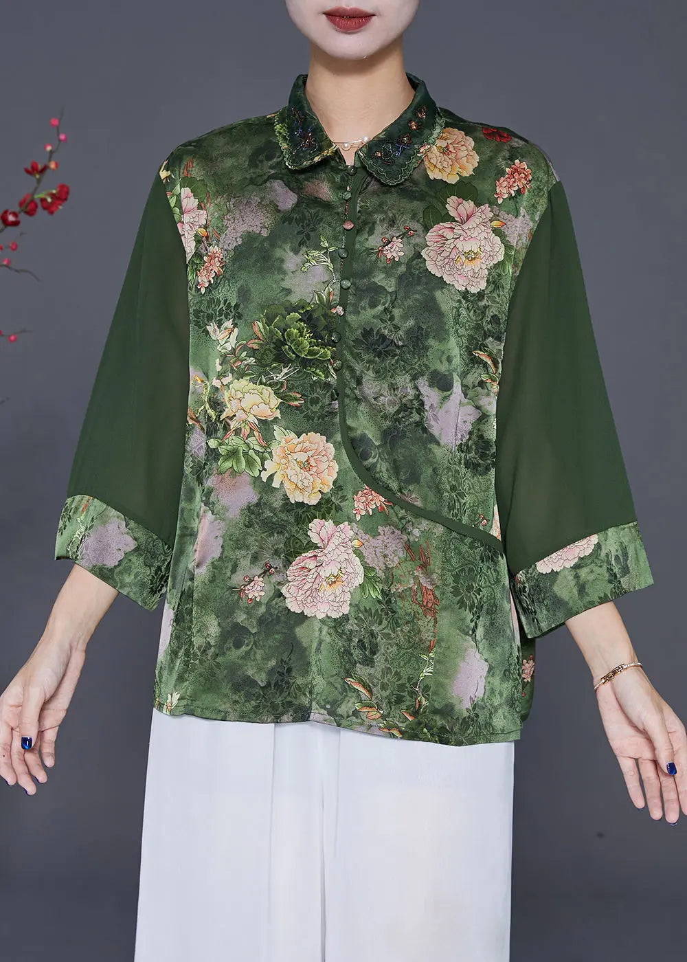 Modern Green Peter Pan Collar Print Silk Blouses Bracelet Sleeve Ada Fashion