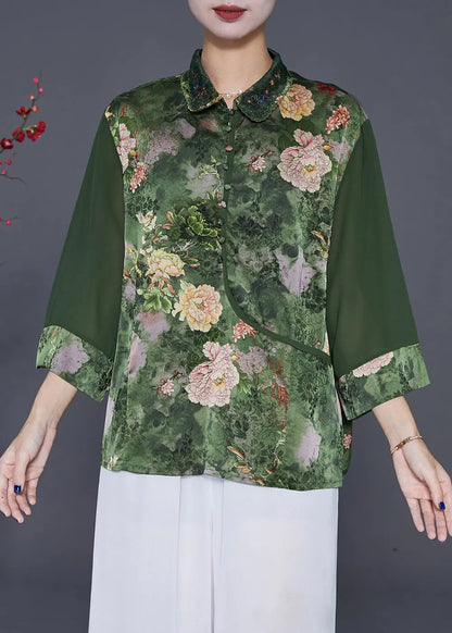 Modern Green Peter Pan Collar Print Silk Blouses Bracelet Sleeve Ada Fashion