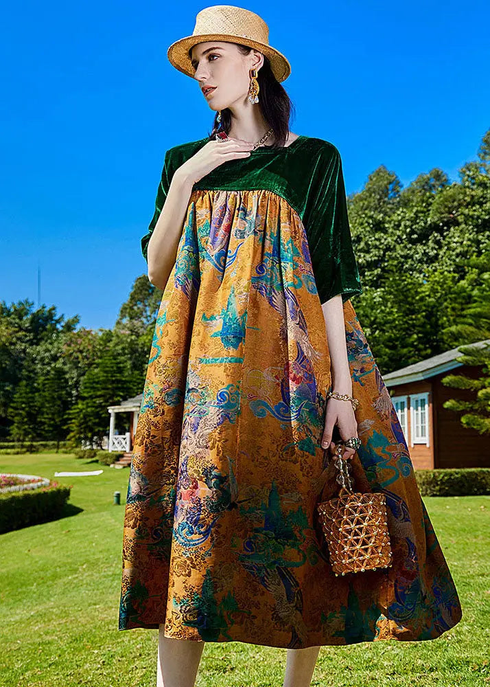 Modern Green Print Wrinkled Silk Velour Patchwork Long Dress Summer Ada Fashion