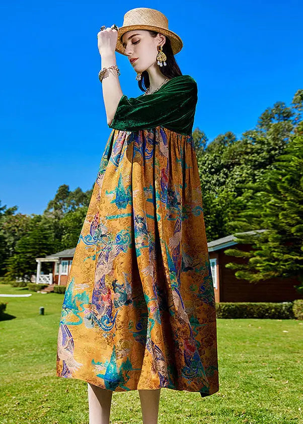 Modern Green Print Wrinkled Silk Velour Patchwork Long Dress Summer Ada Fashion