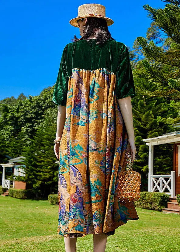 Modern Green Print Wrinkled Silk Velour Patchwork Long Dress Summer Ada Fashion