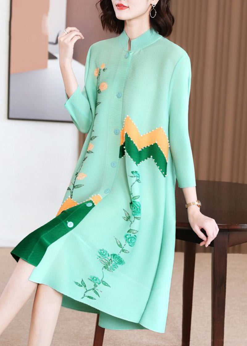Modern Green Stand Collar Patchwork Nail Bead Dresses Bracelet Sleeve LY2781