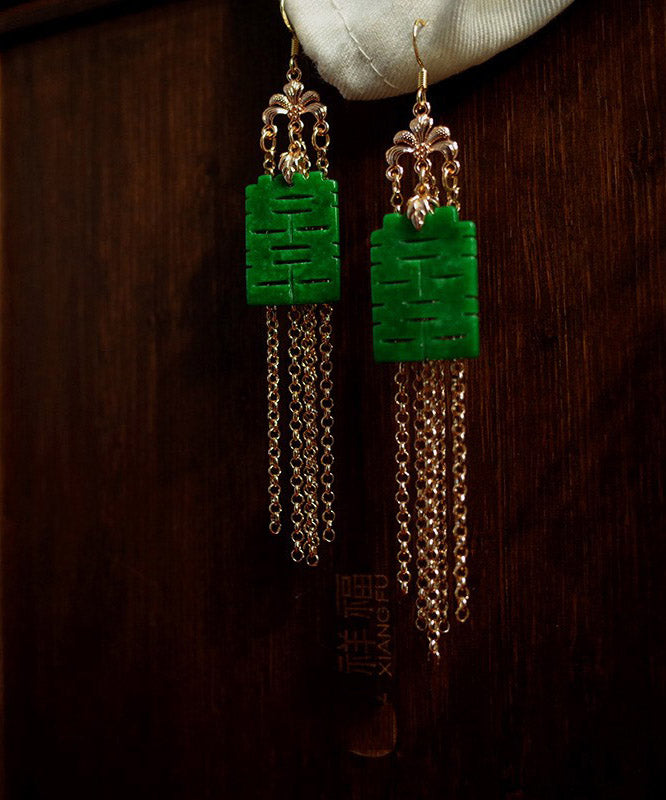 Modern Green Sterling Silver Jade Dry Green Gadeite Graphic Drop Tassel Earrings LY2002 - fabuloryshop