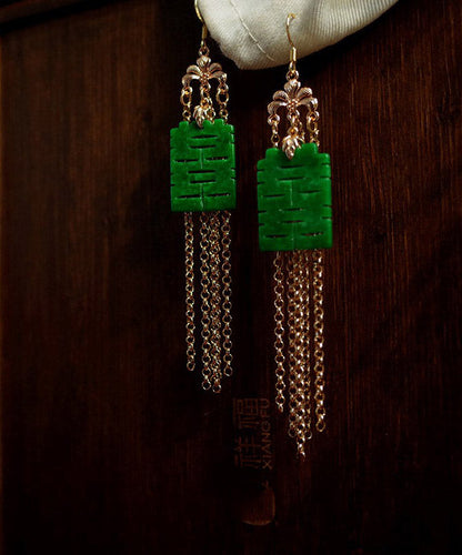 Modern Green Sterling Silver Jade Dry Green Gadeite Graphic Drop Tassel Earrings LY2002 - fabuloryshop