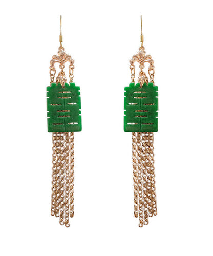 Modern Green Sterling Silver Jade Dry Green Gadeite Graphic Drop Tassel Earrings LY2002 - fabuloryshop