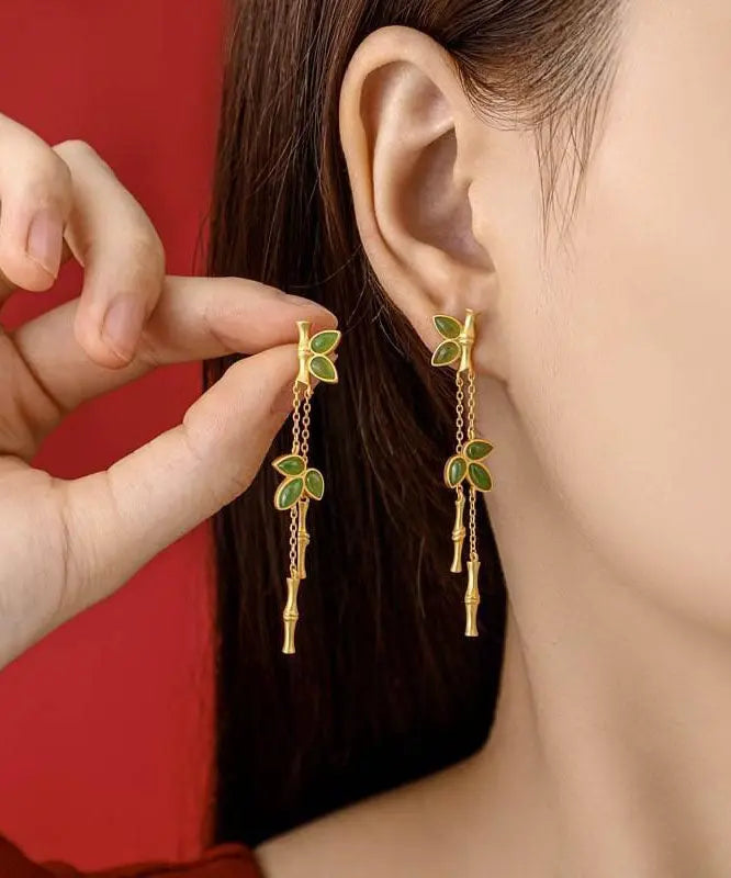 Modern Green Sterling Silver Overgild Bamboo Drop Earrings Ada Fashion