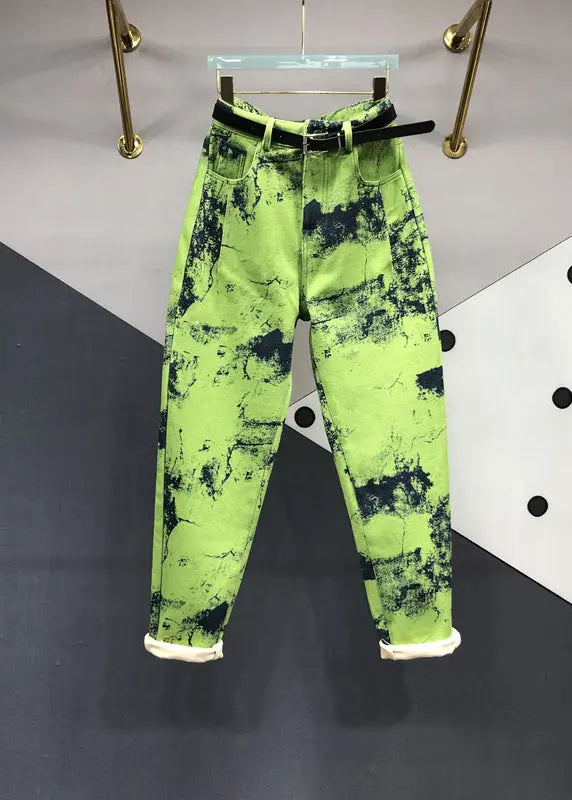 Modern Green Tie Dye Pockets Patchwork Denim Pants Fall Ada Fashion